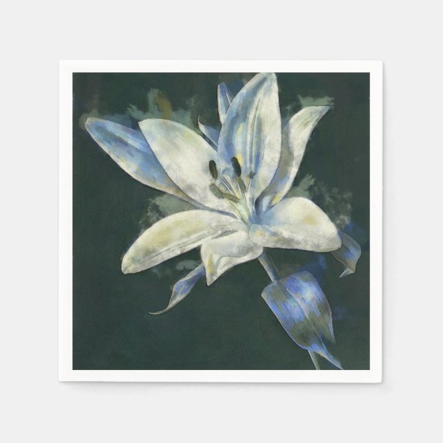 Modern Elegant White and Blue Lily Watercolor Napkin (Front)