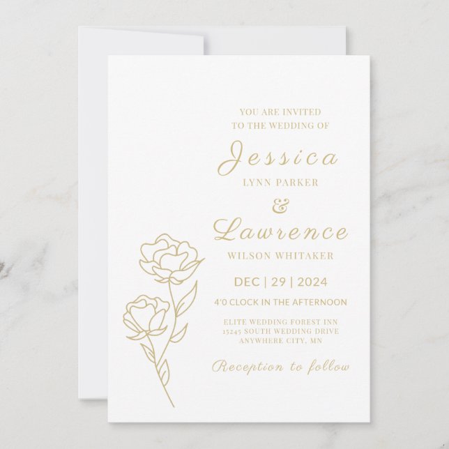 Modern Elegant white and gold Floral  Wedding  Invitation (Front)