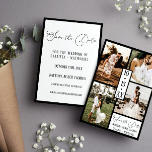 Modern Elegant White Black Four Photo Wedding Save The Date