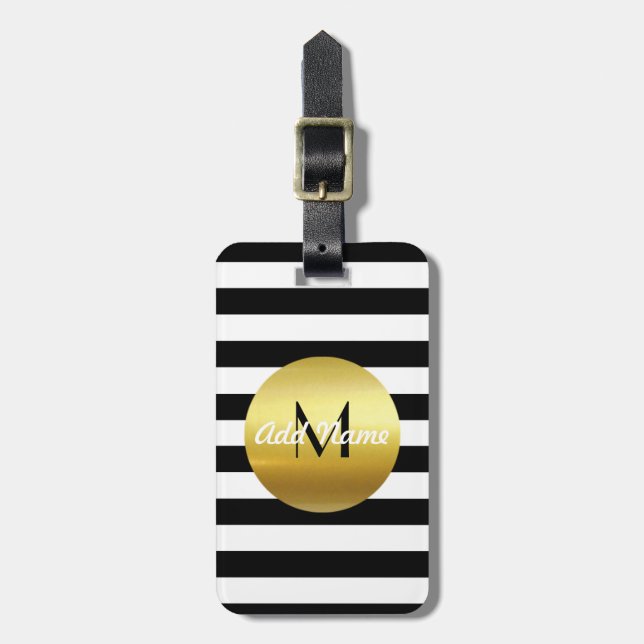 Modern Elegant White, Black & Gold  - Monogram Luggage Tag (Front Vertical)