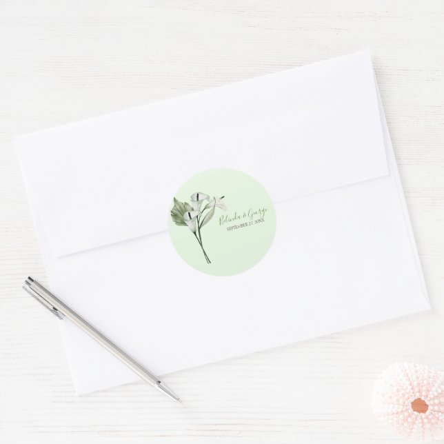 Modern Elegant White Calla Lilies Wedding Classic Round Sticker (Envelope)