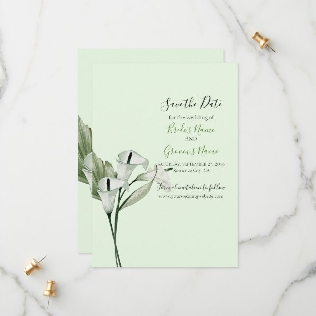 Modern Elegant White Calla Lilies Wedding Save The Date (Front/Back In Situ)