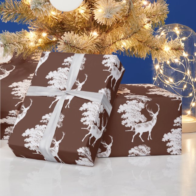 Modern Elegant White Deer Woodland Brown Wrapping Paper (Holidays)