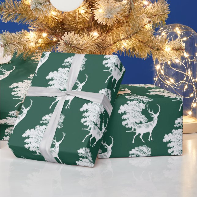 Modern Elegant White Deer Woodland Dark Green  Wrapping Paper (Holidays)