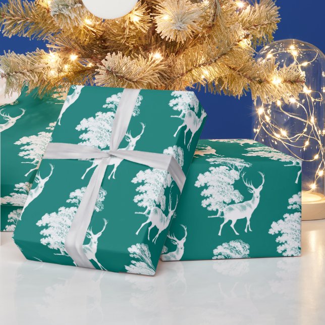 Modern Elegant White Deer Woodland Pine Green  Wrapping Paper (Holidays)