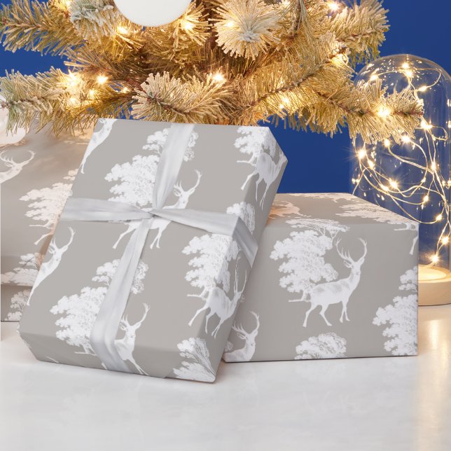 Modern Elegant White Deer Woodland Silver Grey Wrapping Paper (Holidays)