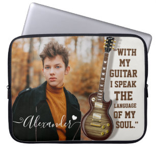 Modern Elegant White Electric Guitar Photo & Name Laptop Sleeve
