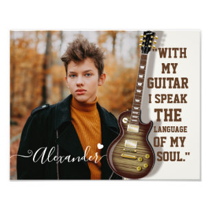 Modern Elegant White Electric Guitar Photo & Name Print