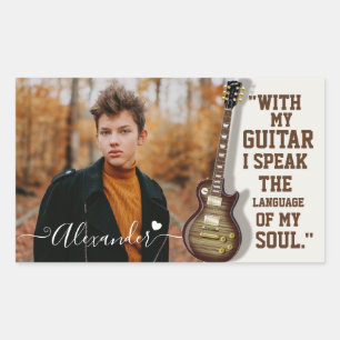 Modern Elegant White Electric Guitar Photo & Name Rectangular Sticker