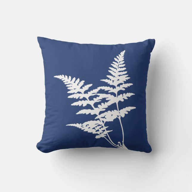 Modern Elegant White Fern Navy Blue Cushion (Front)