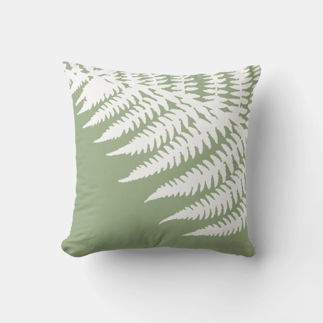 Modern Elegant White Fern Sage Green Cushion (Front)