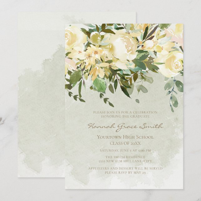 Modern Elegant White Floral Eucalyptus Graduation Invitation (Front/Back)