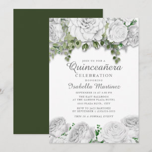 Modern Elegant White Floral Green Quinceañera Invitation