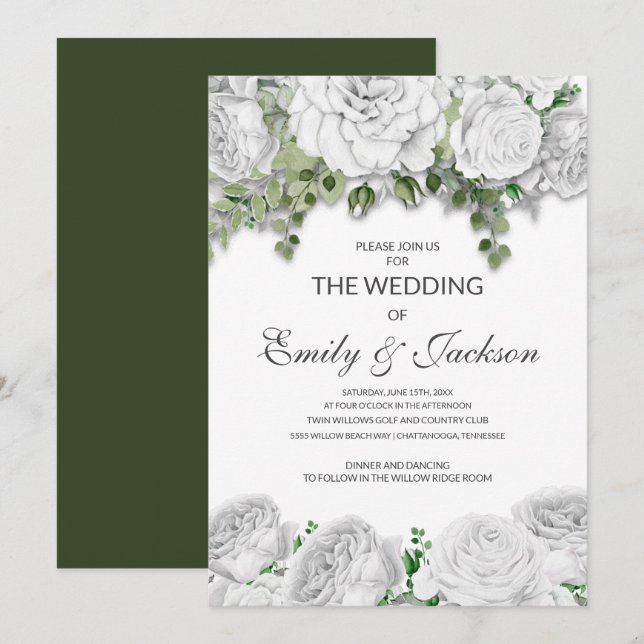 Modern Elegant White Floral Green Wedding Invitation (Front/Back)