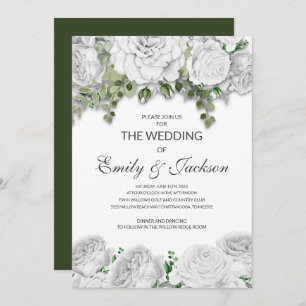 Modern Elegant White Floral Green Wedding Invitation