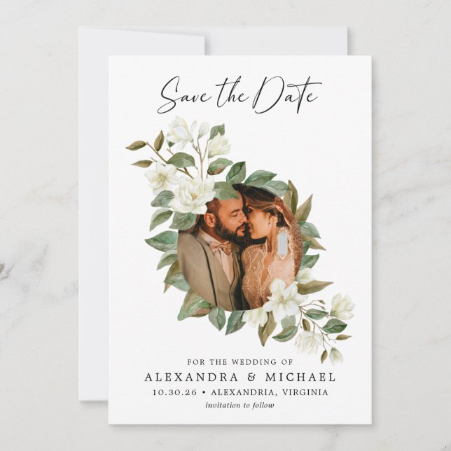 Modern Elegant White Floral Photo Save the Date  (Front)