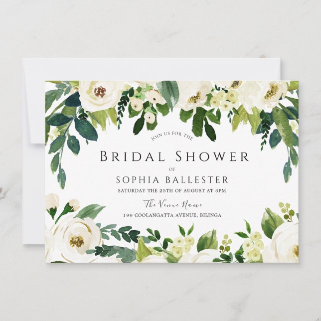 Modern Elegant White Flowers Bridal Shower Invitation (Front)