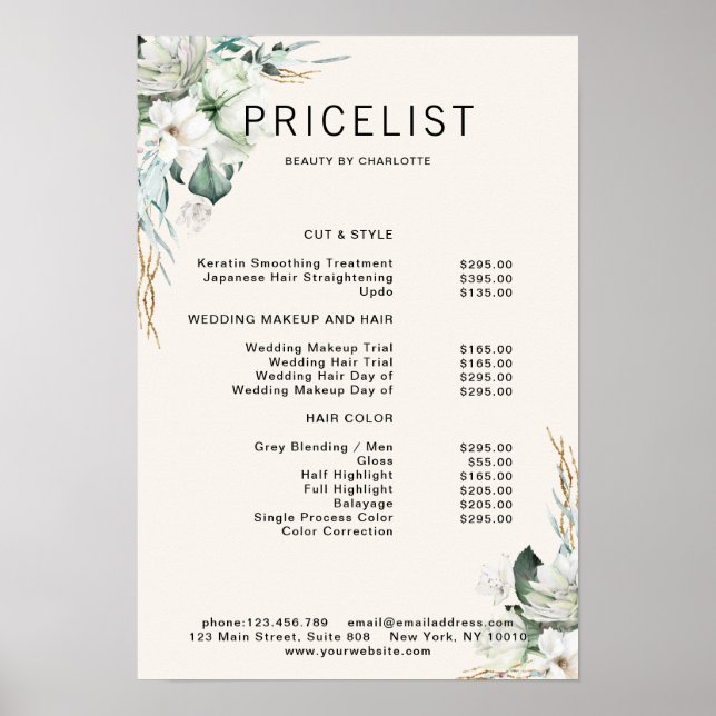 Modern,  elegant white flowers , price list poster (Front)