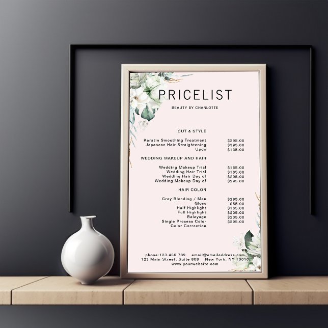 Modern,  elegant white flowers , price list poster (Creator Uploaded)