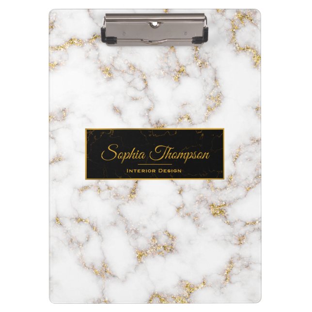 Modern Elegant White Gold Marble Name - Clipboard (Front)