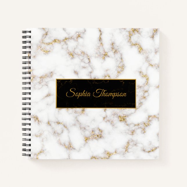 Modern Elegant White Gold Marble Name - Notebook (Front)