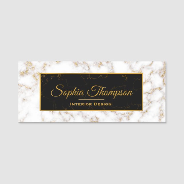 Modern Elegant White Gold Marble Name Tag (Front)