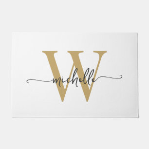 Modern Elegant White Gold Monogram Name Script Doormat