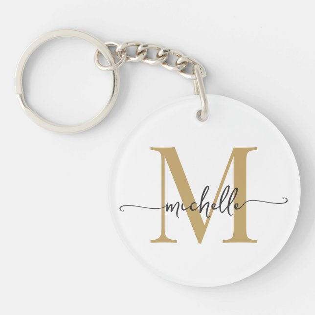 Modern Elegant White Gold Monogram Name Script Key Ring (Front)