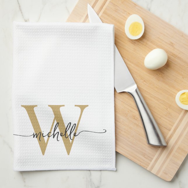 Modern Elegant White Gold Monogram Name Script Tea Towel (Quarter Fold)
