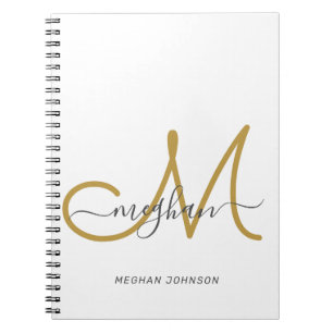 Modern Elegant White Gold White Script Monogram Notebook