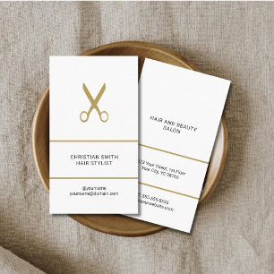 Modern Elegant White Golden Scissors Hair Stylist Business Card