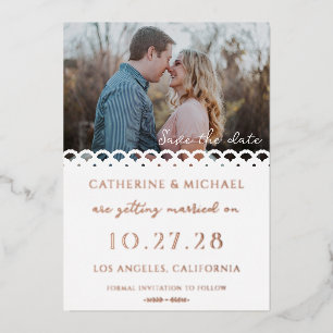 Modern Elegant White Lace Photo Save The Date Foil Holiday Card