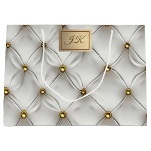 Modern Elegant White Leather Tufted Gold Large Gift Bag