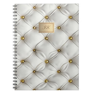 Modern Elegant White Leather Tufted Gold Notebook