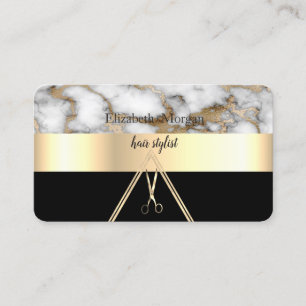 Modern Elegant White Marble Black,Gold,Scissors Business Card