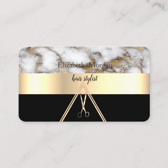 Modern Elegant White Marble Black,Gold,Scissors Business Card (Front)