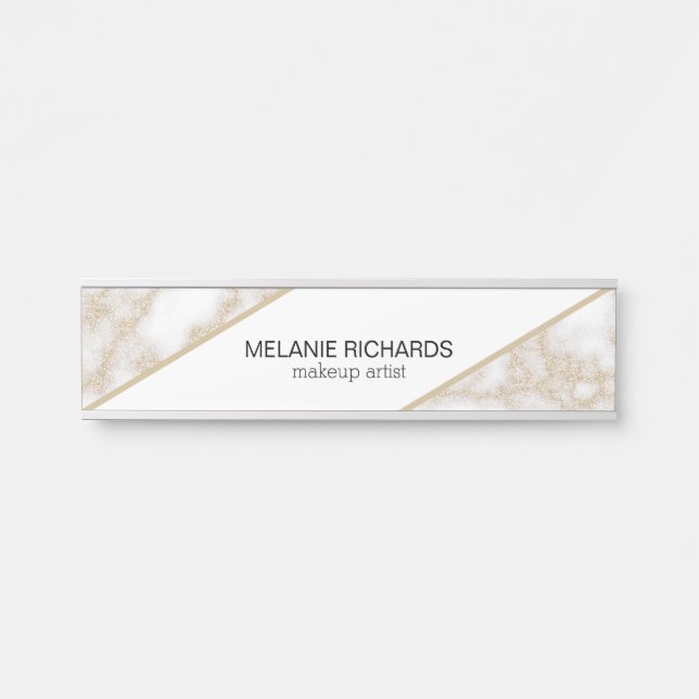 Modern elegant white marble gold glitter name door sign (Front)