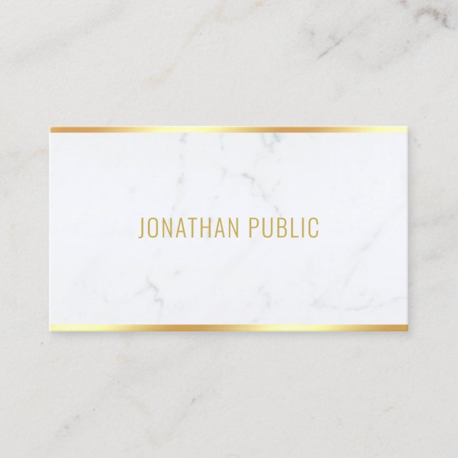 Modern Elegant White Marble Gold Text Professional Business Card (Front)