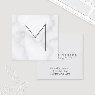Modern Elegant White Marble Monogram Square Business Card