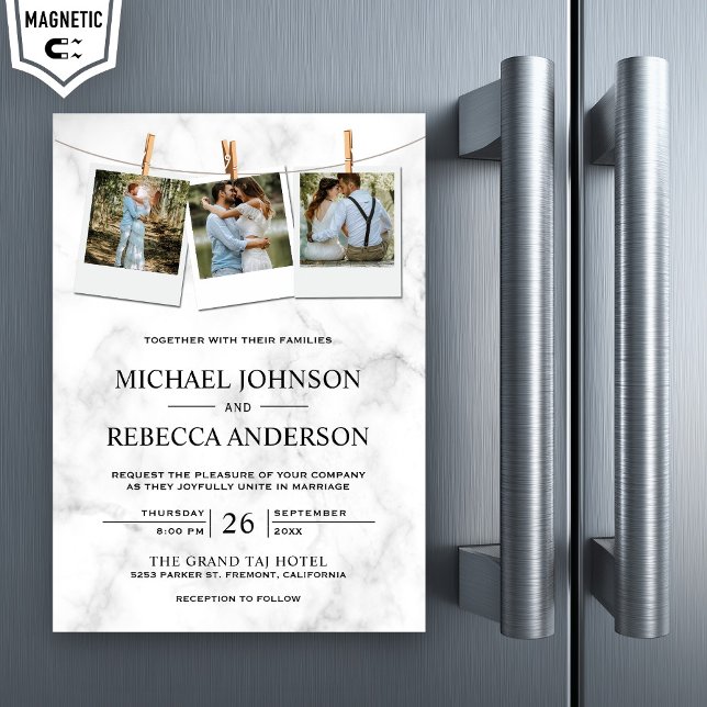 Modern Elegant White Marble Photo Collage Wedding Magnetic Invitation (Creator Uploaded)
