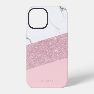 Modern elegant white marble & rose gold glitter iPhone 12 case