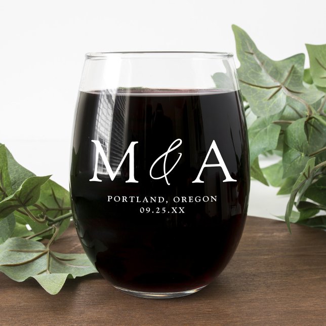 Modern Elegant White Monogram Wedding Favour Stemless Wine Glass (Creator Uploaded)
