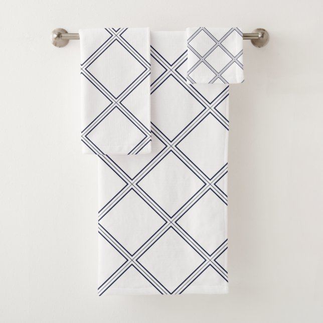 Modern Elegant White & Navy Diamonds Bath Towel Set (Insitu)