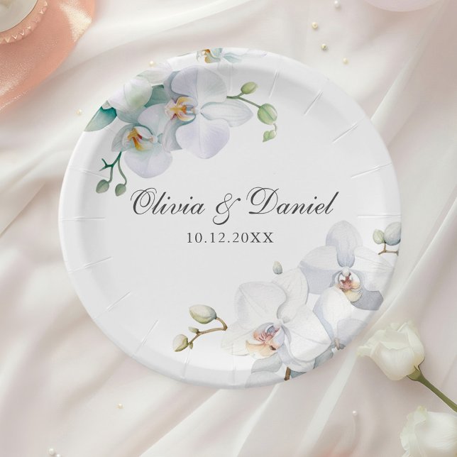 Modern Elegant White Orchid Wedding Paper Plate (Modern Elegant White Orchid Wedding Paper Plates on a wedding place with a white rose.
)