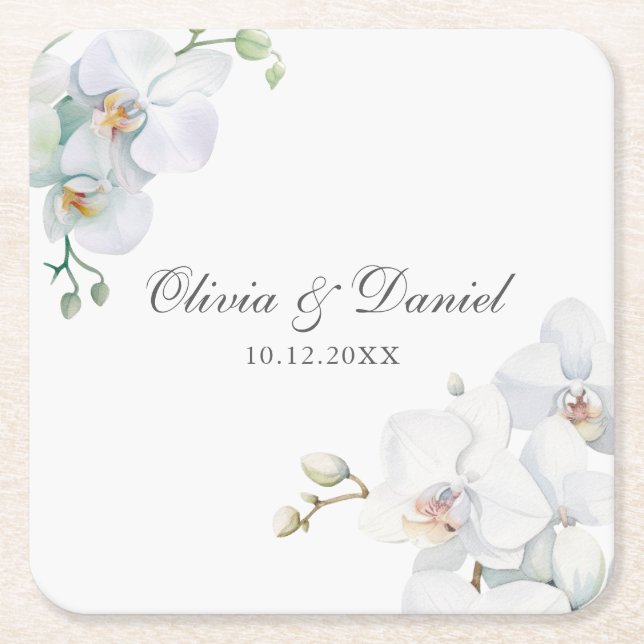 Modern Elegant White Orchid Wedding Square Paper Coaster (Front)