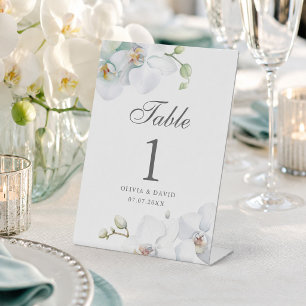 Modern Elegant White Orchid Wedding Table Number Pedestal Sign