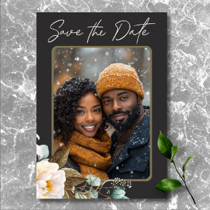 Modern Elegant White Peonies Black Wedding Photo Save The Date