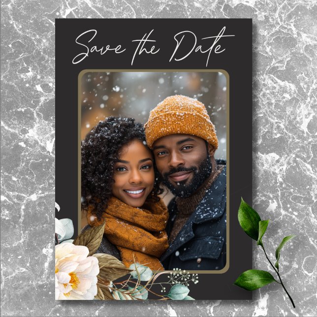 Modern Elegant White Peonies Black Wedding Photo Save The Date (Modern Elegant White Peonies Black Wedding Photo Save The Date)