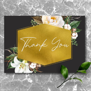 Modern Elegant White Peonies Black Wedding Thank You Card