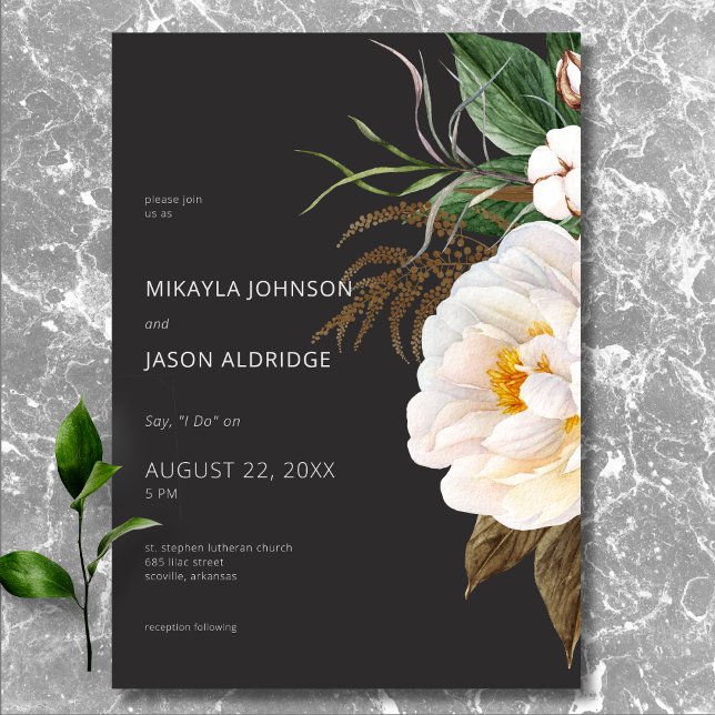 Modern Elegant White Peonies on Black Wedding Invitation (Modern Elegant White Peonies on Black Wedding Invitation)